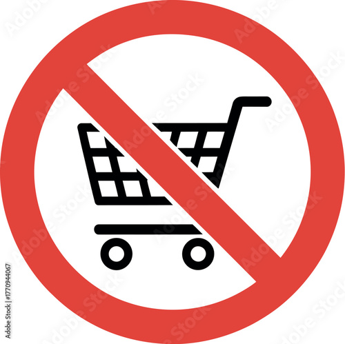 A red circle with a diagonal line across a shopping cart symbolizes a prohibition.