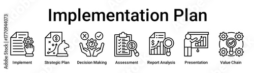 Implementation Plan banner web icon vector illustration concept for business with icon of Implement, Strategic Plan, Decision Making, Assessment, Report Analysis, Presentation, Value.