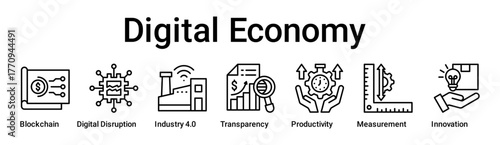 Digital Economy banner web icon vector illustration concept for business with icon of Blockchain, Digital Disruption, Industry 4.0, Transparency, Productivity, Measurement.