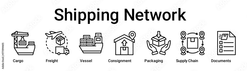 Obraz premium Shipping Network banner web icon vector illustration concept for business with icon of Cargo, Freight, Vessel, Consignment, Packaging, Supply Chain, Delivery.