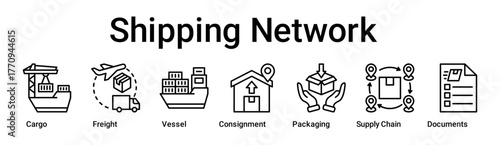 Shipping Network banner web icon vector illustration concept for business with icon of Cargo, Freight, Vessel, Consignment, Packaging, Supply Chain, Delivery.