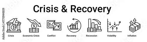 Crisis & Recovery banner web icon vector illustration concept for business with icon of Crisis, Economic Crisis, Conflict, Recovery, Recession, Volatility.