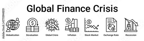 Global Finance Crisis banner web icon vector illustration concept for business with icon of Globalization, Devaluation, Global Crisis, Inflation, Stock Market, Exchange Rate.