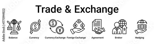 Trade & Exchange banner web icon vector illustration concept for business with icon of Balance, Currency, Currency Exchange, Foreign Exchange, Agreement, Broker.