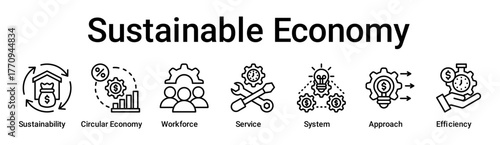 Sustainable Economy banner web icon vector illustration concept for business with icon of Sustainability, Circular Economy, Workforce, Service, System, Approach.