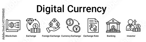 Digital Currency banner web icon vector illustration concept for business with icon of Blockchain, Exchange, Foreign Exchange, Currency Exchange, Exchange Rate, Banking.
