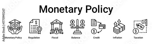 Monetary Policy banner web icon vector illustration concept for business with icon of Monetary policy, Regulation, Fiscal, Balance, Credit, Inflation.