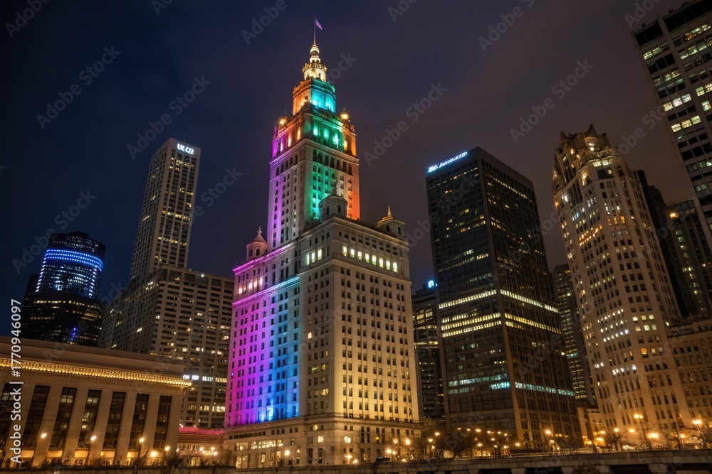 Obraz premium City Skyline at Night With Colorful Lights Illuminating a Tall Building