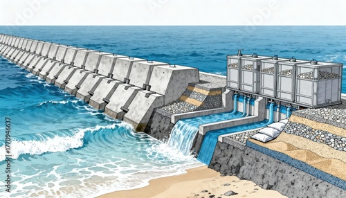 Coastal stormwater drainage system with reinforced barriers and filtration units designed to prevent flooding and protect marine ecosystems from runoff pollution.