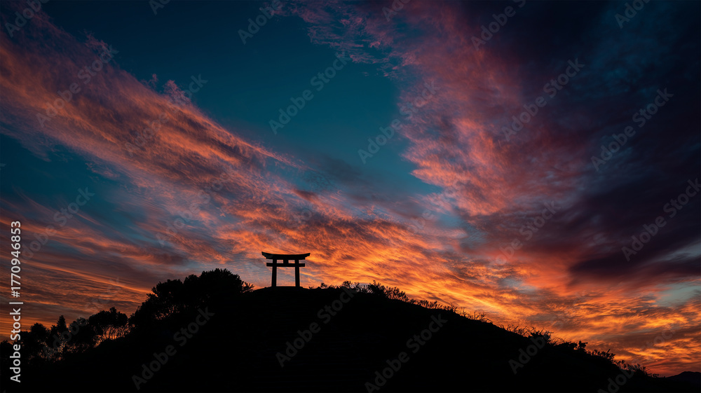 Fototapeta premium 夕焼けと青空のグラデーションに浮かぶ鳥居