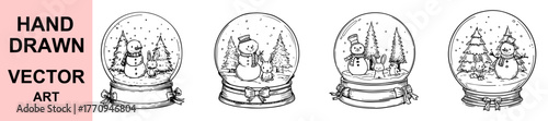 Hand drawn snow globe vector illustration with snowman, bunny, pine trees, and snowflakes, perfect for Christmas, winter holidays, festive decorations, greeting cards, and seasonal artwork.