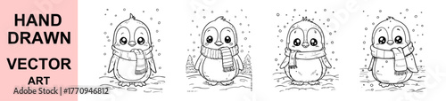 Adorable hand drawn penguin vector illustration wearing scarf in snowy winter scene, perfect for Christmas cards, children’s art, cute holiday decor, and festive designs.