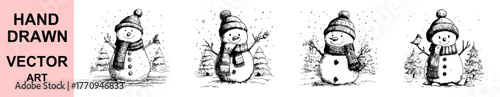 Hand drawn snowman vector illustration with hat, scarf, trees, and snowfall, perfect for Christmas greeting cards, winter holiday decor, festive print, and seasonal artwork.
