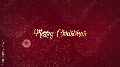 Merry Christmas Golden Glitter Fireworks Title on Red Background 4K