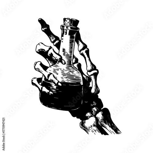 Skeleton hand holding potion bottle vector illustration, gothic vintage engraving art, spooky alchemy design, occult apothecary bottle drawing perfect for tattoo, Halloween, witchcraft, and dark decor