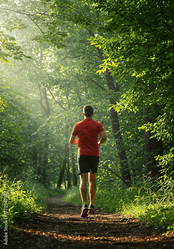 Running Through Nature's Embrace: A solitary figure, clad in vibrant attire, embarks on a refreshing run through a sun-dappled forest trail.