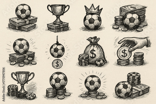 Soccer ball illustrations with trophies, coins, and symbolic rewards in sketch style