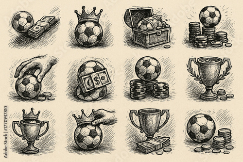 Soccer ball illustrations with trophies, coins, and symbolic rewards in sketch style