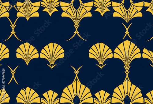 elegant art deco golden fan pattern on deep blue, abstract background