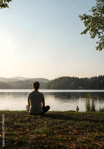 Serene Contemplation by the Lake: A solitary figure sits in quiet contemplation by a tranquil lake, embodying the peace and serenity of a moment in nature.