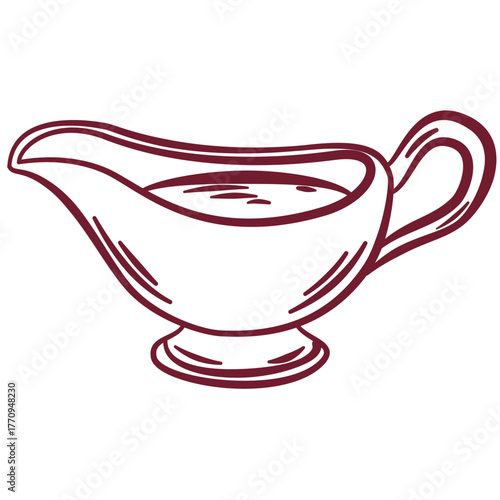 Red sauce boat vector illustration. Hand drawn sauce boat icon vector isolated on a white background. Line art sauce drawing