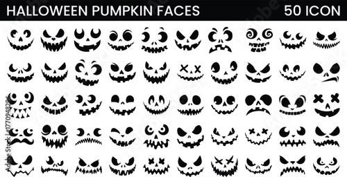 Set of Halloween pumpkins faces. Vector illustration.
