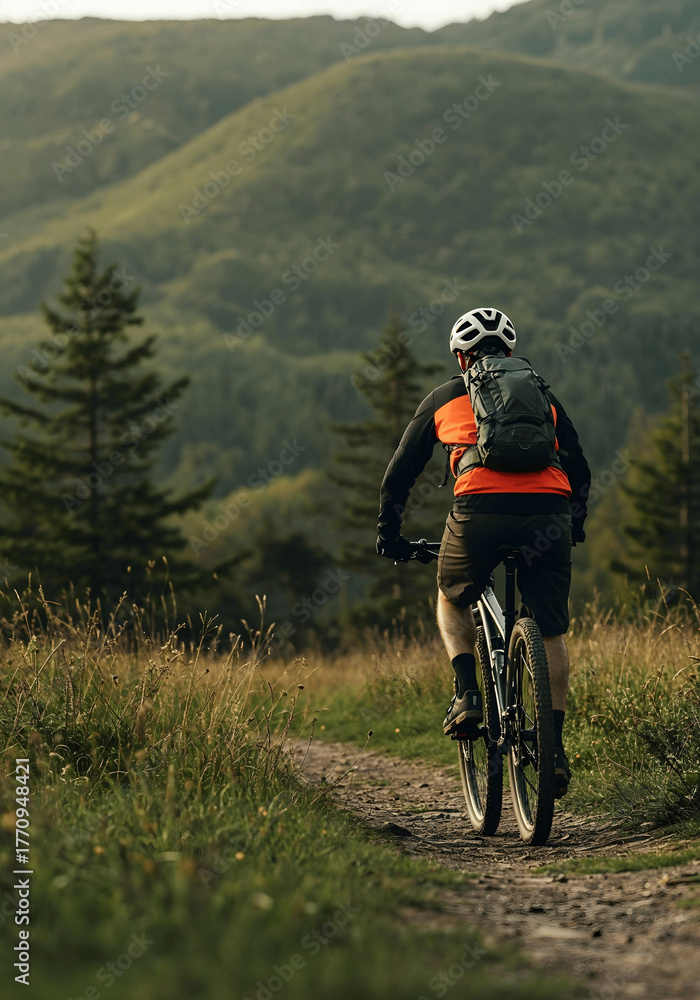 Naklejka premium Adventure on the Trail: A lone mountain biker embarks on a scenic journey, navigating a rugged trail, with lush hills and vibrant nature embracing the thrill of the ride.
