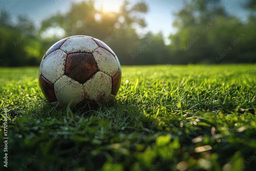 Obraz premium A weathered soccer ball resting on lush green grass during a sunny afternoon