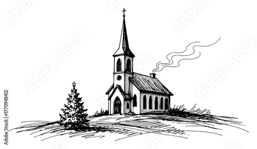Country church in snowy landscape with pines – serene winter illustration