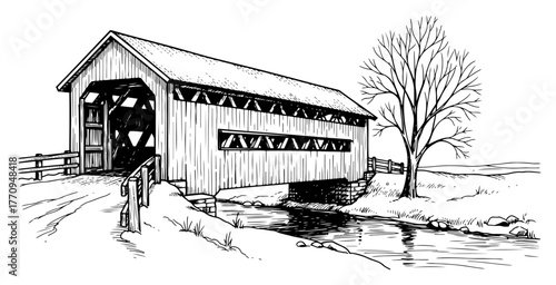 Covered wooden bridge over creek in winter landscape – vintage illustration