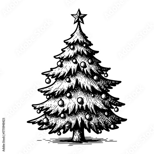 Decorated Christmas tree with star topper and baubles – classic holiday icon