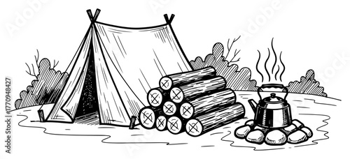 Camping tent with log pile and steaming kettle – rustic outdoor illustration