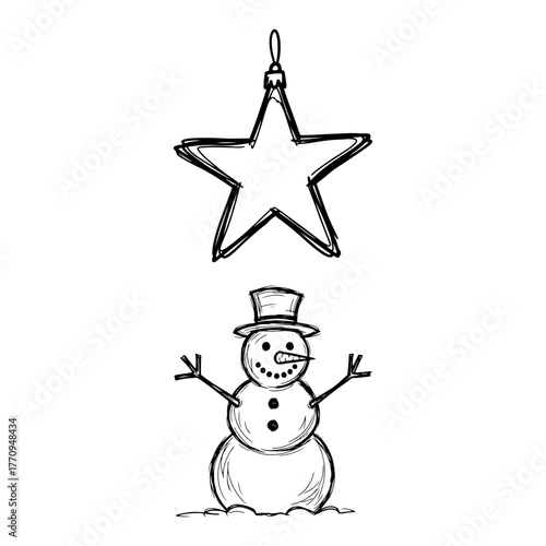 Star ornament and cheerful snowman sketch – cute Christmas icon set