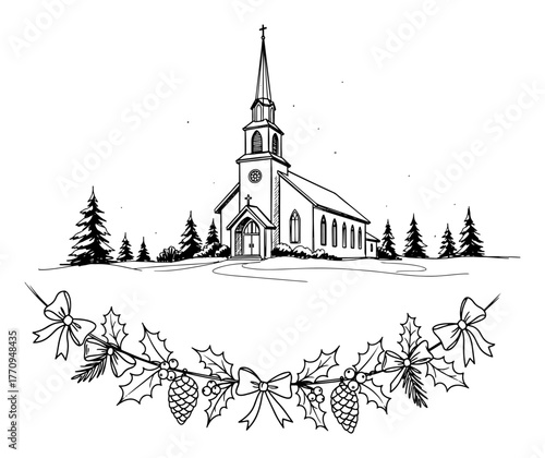 Snowy countryside church with pine garland divider – vintage winter scene