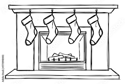 Fireplace mantel with hanging Christmas stockings – cozy holiday illustration