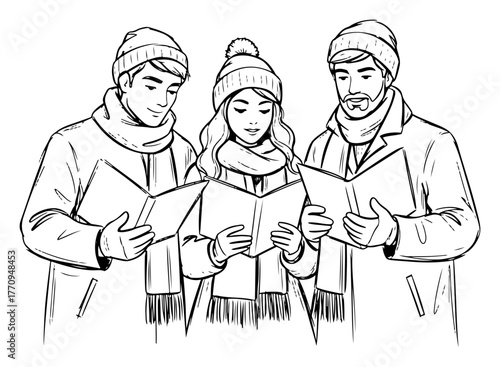 Trio of winter carolers singing from songbook – hand‑drawn Christmas illustration