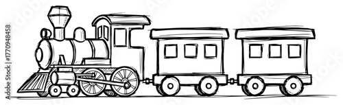 Old fashioned steam train with passenger wagons – vintage locomotive illustration