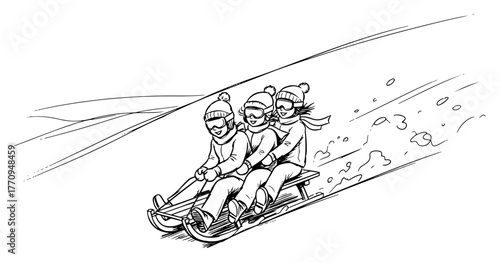 Three friends sledding fast down snowy hill – dynamic winter activity illustration