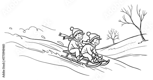 Happy kids sledding down slope – playful vintage winter scene