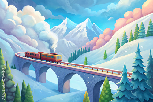 Scenic train crossing high bridge through snowy mountains under cloudy sky