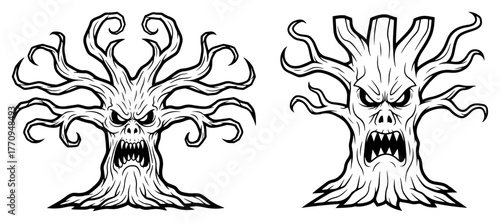 Scary haunted trees with evil faces – spooky Halloween illustration set