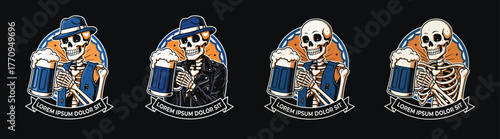 "Vintage-style skeleton illustration holding a large frothy beer mug, smiling with visible teeth and empty eye sockets.