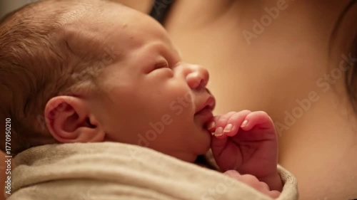 Newborn Wrapped in Organic Cloth on Mother’s Chest with Warm Light and Delicate Details