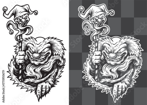 Evil Goblin Vector Illustration Holding Magical Staff in Detailed Vintage Tattoo Engraving Style Perfect for Posters Stickers Logos and Horror Artwork Featuring Dark Gothic Character Design