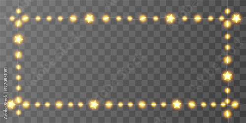 Light garland rectangular frame. Fairy star straight string, shiny decor border. Vector transparent bulb festoon, holiday party invitation. Christmas golden glitter chain, festive ramadan led pattern