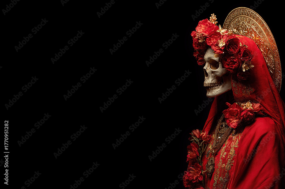 Fototapeta premium Portrait of Santa Muerte on a black background. Skeleton in a dress with a painted face for the Day of the Dead in Mexico. Death in a red dress with a flower wreath on her head. Halloween