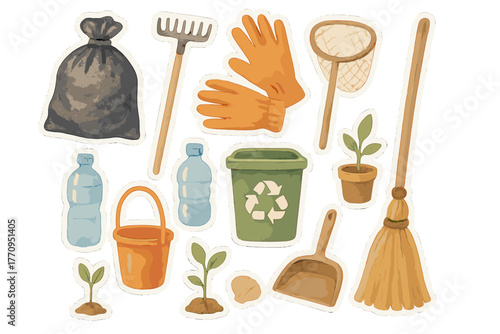 Beach Cleanup Essentials. Beach cleanup essentials. Realistic hand-painted watercolor style sticker sheet of