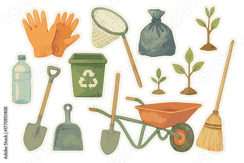 River Cleanup Stickers. River cleanup kit. Realistic hand-painted watercolor style sticker sheet of river