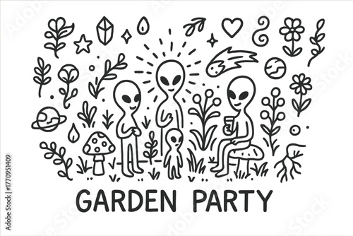 Extraterrestrial Garden Party. Extraterrestrial garden party. Hand-drawn doodle illustration of