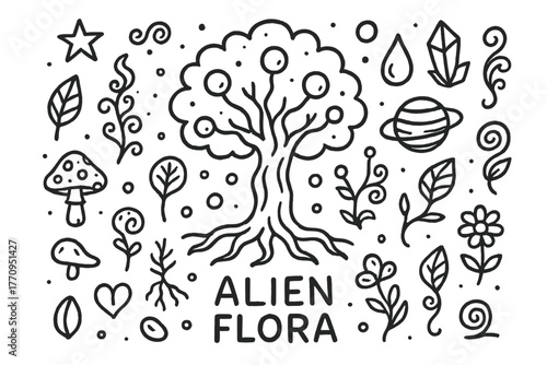 Extraterrestrial Flora Sketch. Extraterrestrial flora. Hand-drawn doodle illustration of extraterrestrial